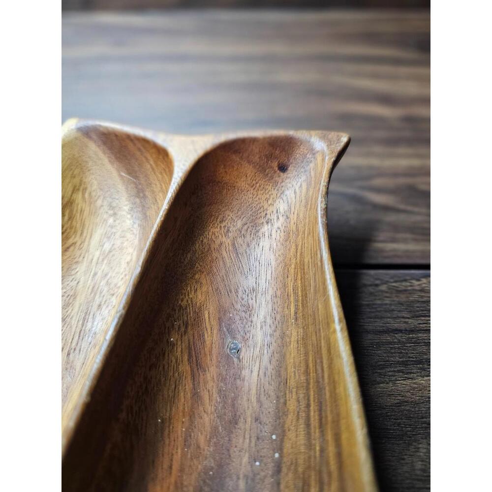 Vintage Monkey Pod Style Wooden Divided Bowl Mid Century Modern Snack Dish